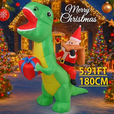 5,91FT Hofparty-Dekoration Aufblasbarer Weihnachtsmann reitet auf Dinosaurier Geschenkbox Spielzeug LED-Licht Weihnachten Zubehör Schmuck Weihnachtsgeschenke