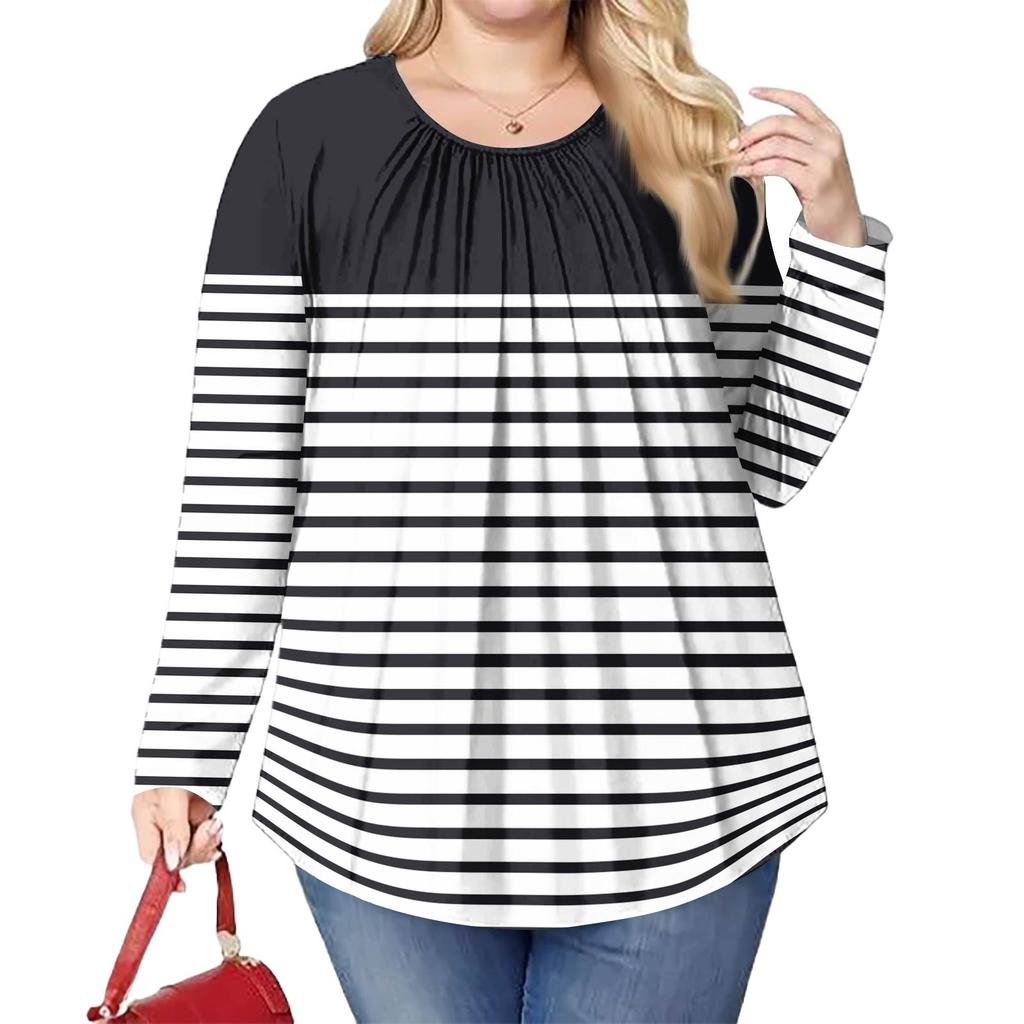 Women's Plus Size Fashion Printed Casual Pleated Round Neck Long Sleeve Top
