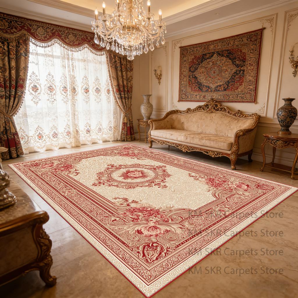 European Style Retro Red Living Room Carpet Washable Antiskid Decoration Bedroom Luxury Rug Soft Large Area Kitchen Study Mat