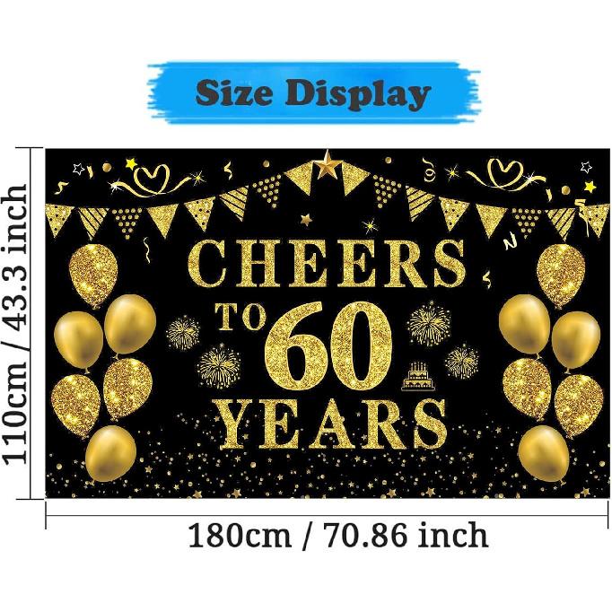 Trgowaul 60th Birthday/Anniversary/Wedding Decorations for Women Men, Cheers to 60 Years Banner, Black and Gold 60th Birthday Backdrop, 60 Bday