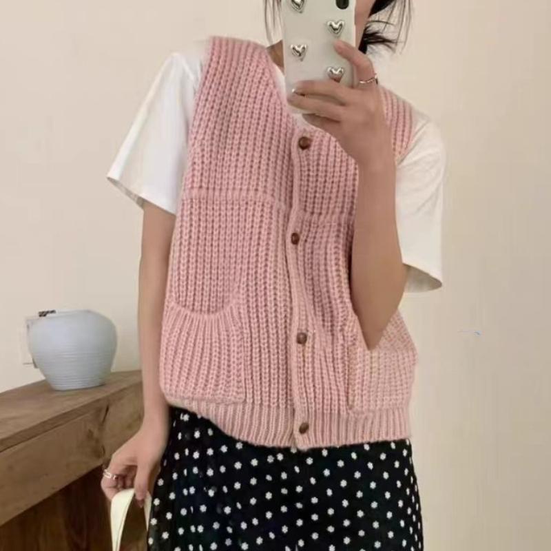 Autumn Retro Solid Knitted Sweater Vest Coat Women Winter Fashion Sleeveless Casual Cardigan Sweaters Woman Elegant Office Lady Knitwear Vests 24820