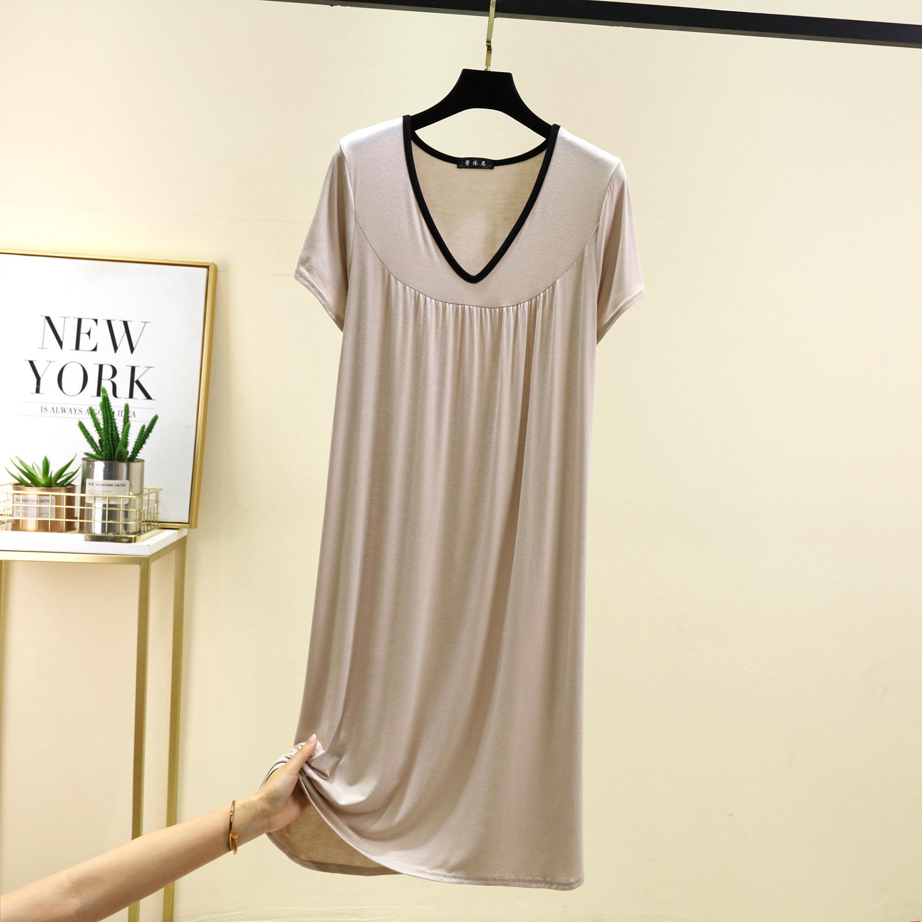 

Плюс размер M до 6XL Модал V-образный вырез ночная рубашка летняя женская свободная домашняя одежда платье однотонный повседневный длинный ночная рубашка комфорт домашняя одежда 6XL бежевый