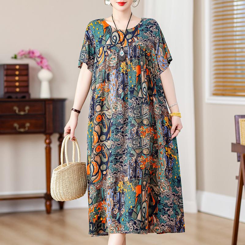 Plus Size Loose Vintage Print Langes Kleid für Damen Lässige Kurzarm-Sommer-Damenkleider