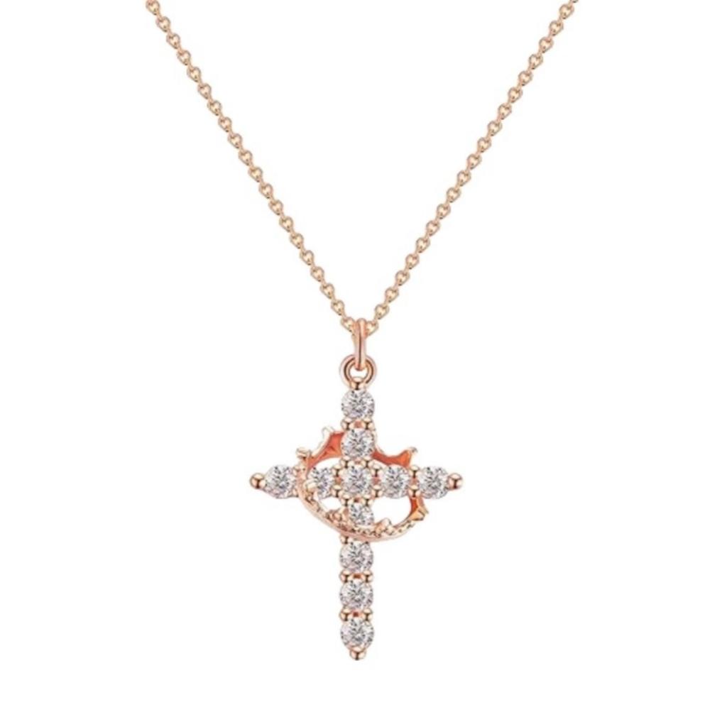 Rotatable Crown Zircon Cross Pendant Necklace Light Luxury Shiny Cross Stainless Steel Chain Choker For Women Men Prayer Jewelry