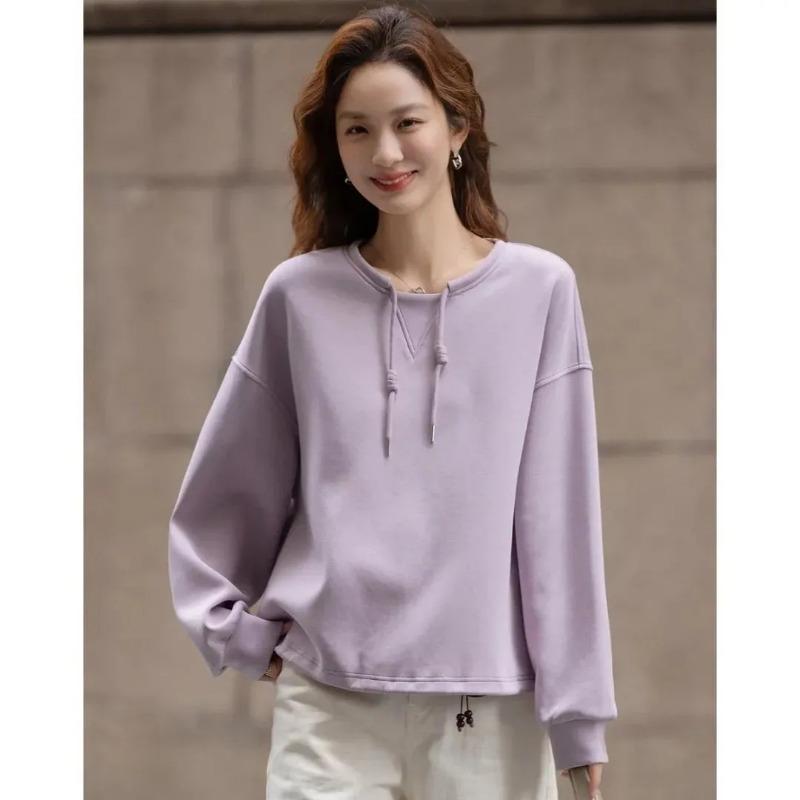 Women Lavender Drawstring Crew Neck Long Sleeve Sweatshirt