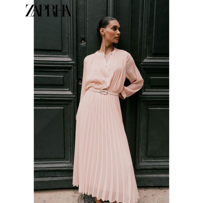 Zaprha 2025 Autumn New Simple With Belt Pleat round Neck Long sleeve Midi Dress 3897096