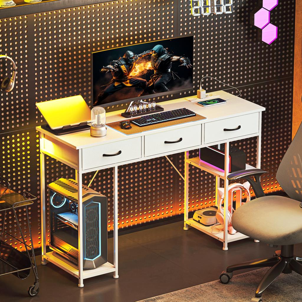 Desk Kitchen Table with 2 USB Charging Ports 2 Power Outlets Adjustable Shelves 3 Fabric Drawers 120x40x76 cm White