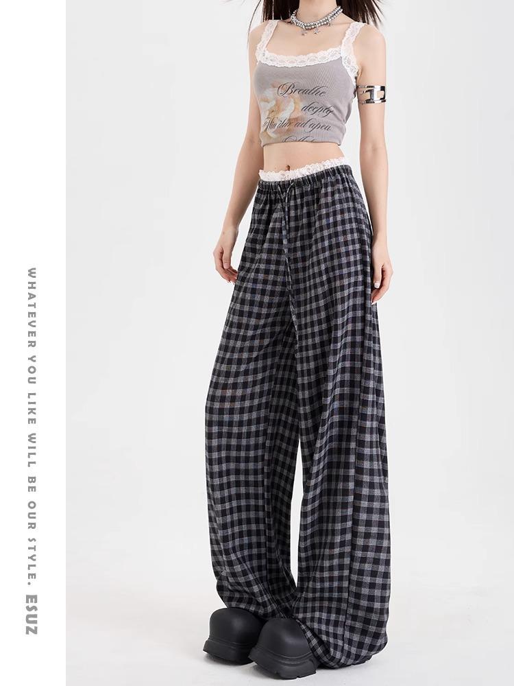 Women's High Waist Wide Leg Pants Straight Leg Trousers Plaid Print Lace Patchwork Casual Loose Fit Long Trousers For Summer Daily Wear
