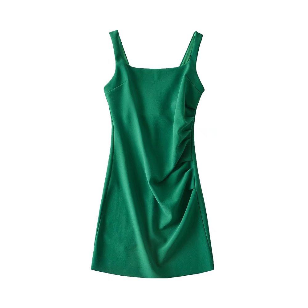 Women's Solid Color Square Neck Sleeveless Pleated Bodycon Summer Dress