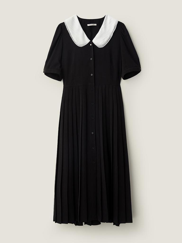 B Muse Mansion Sheer Collar Pleats Dress - Black