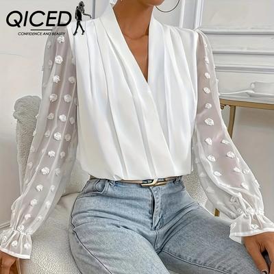 Spring and Summer Top Chiffon Shirt Spliced V-neck Loose Lantern Sleeve Shirt
