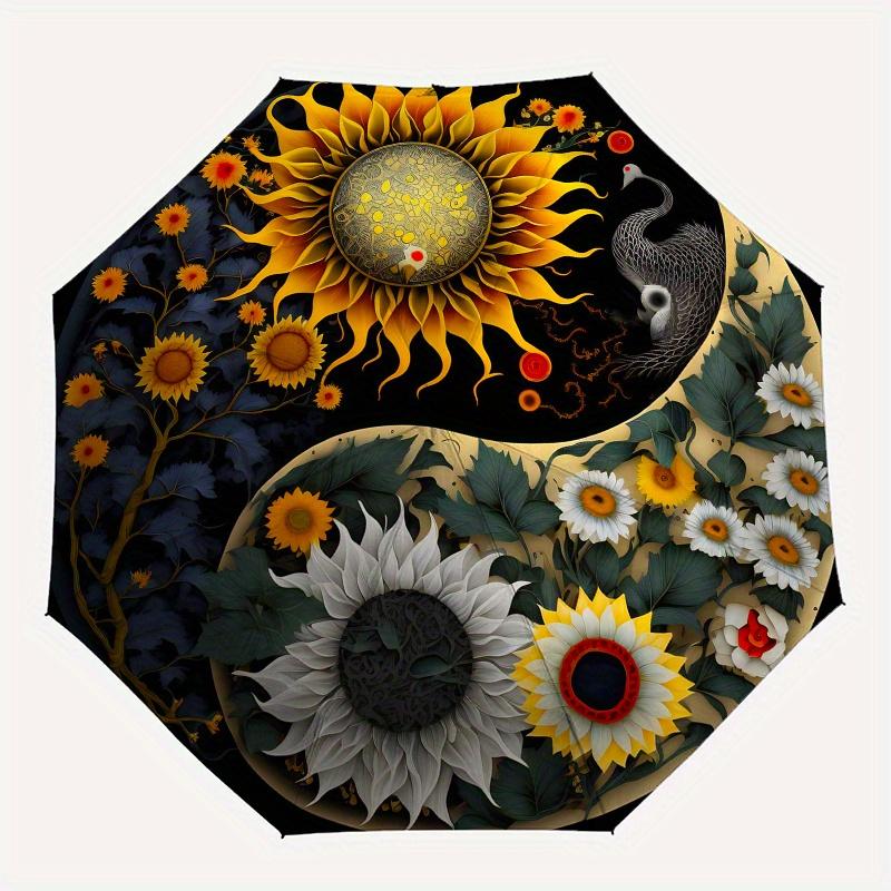 "Yin Yang Harmony: Sunflower Garden Art Print"Umbrella, Portable 3-Fold Compact Umbrella for Men & Women ES36