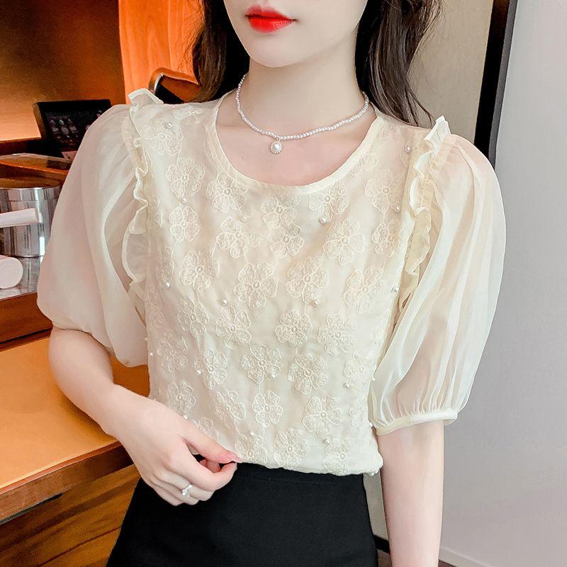 Puff Sleeve Chiffon Shirt Short Sleeve Women's Summer New Chic Beautiful French Unique Temperament Top