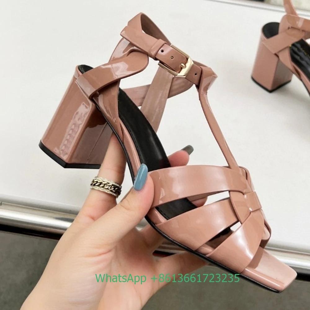 Fashion Cross Strap Square Toe Chunky Heel Women Sandals Solid Color Open Toe Real Patent Leather 6.5Cm Heels 2025 Newest Summer Sandals