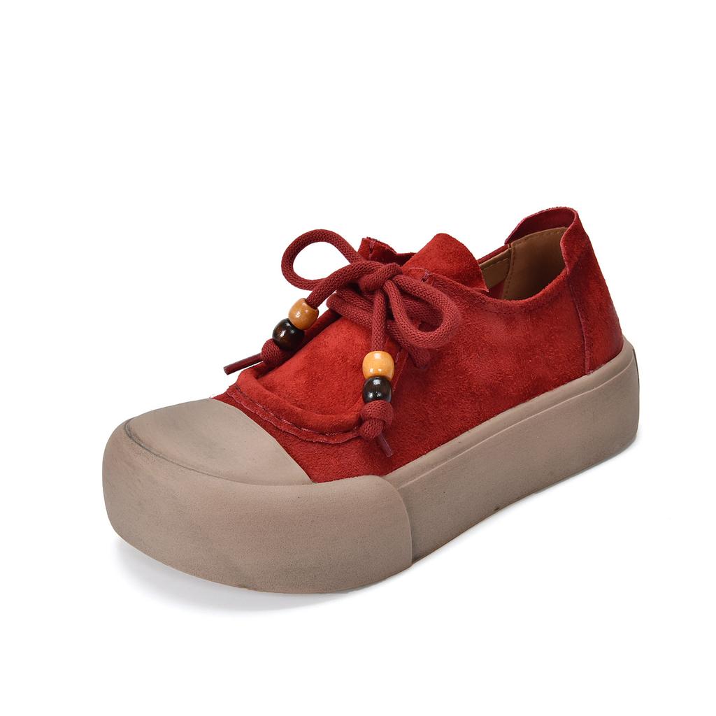 Johnature Genuine Leather Thick Sole Women's Shoes Round Toe Lace-up Versatile Casual Flat Platform Shoes