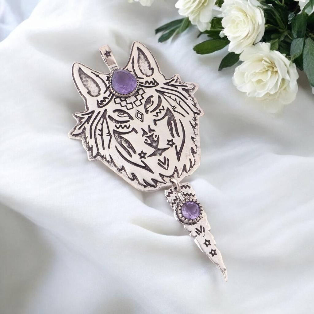 925 Sterling Silver Genuine Iolite Handmade Tiger Face Shape Pendant 4" For Gift CP-26-8