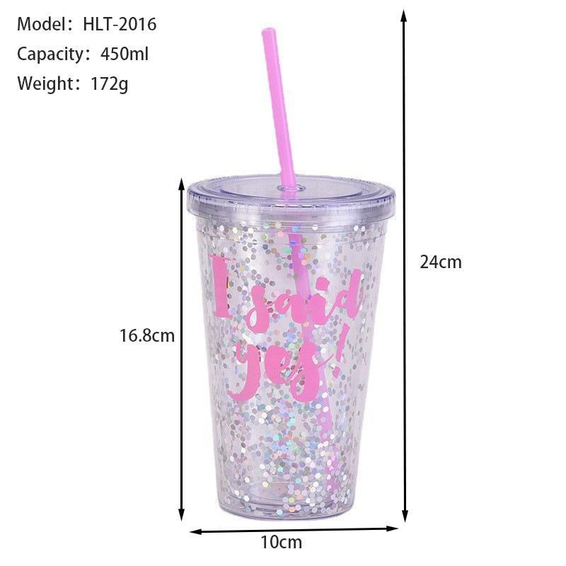 Gifts Wedding Water Cup 16Oz Double Layer Plastic Straw Cup Transparent Simple Sequin Plastic Cup Female