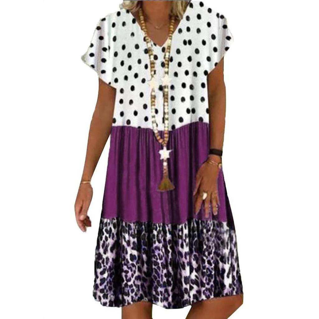 Women's Summer Casual Fashion Loose Printed Short Sleeve 2022 V-Neck Dress