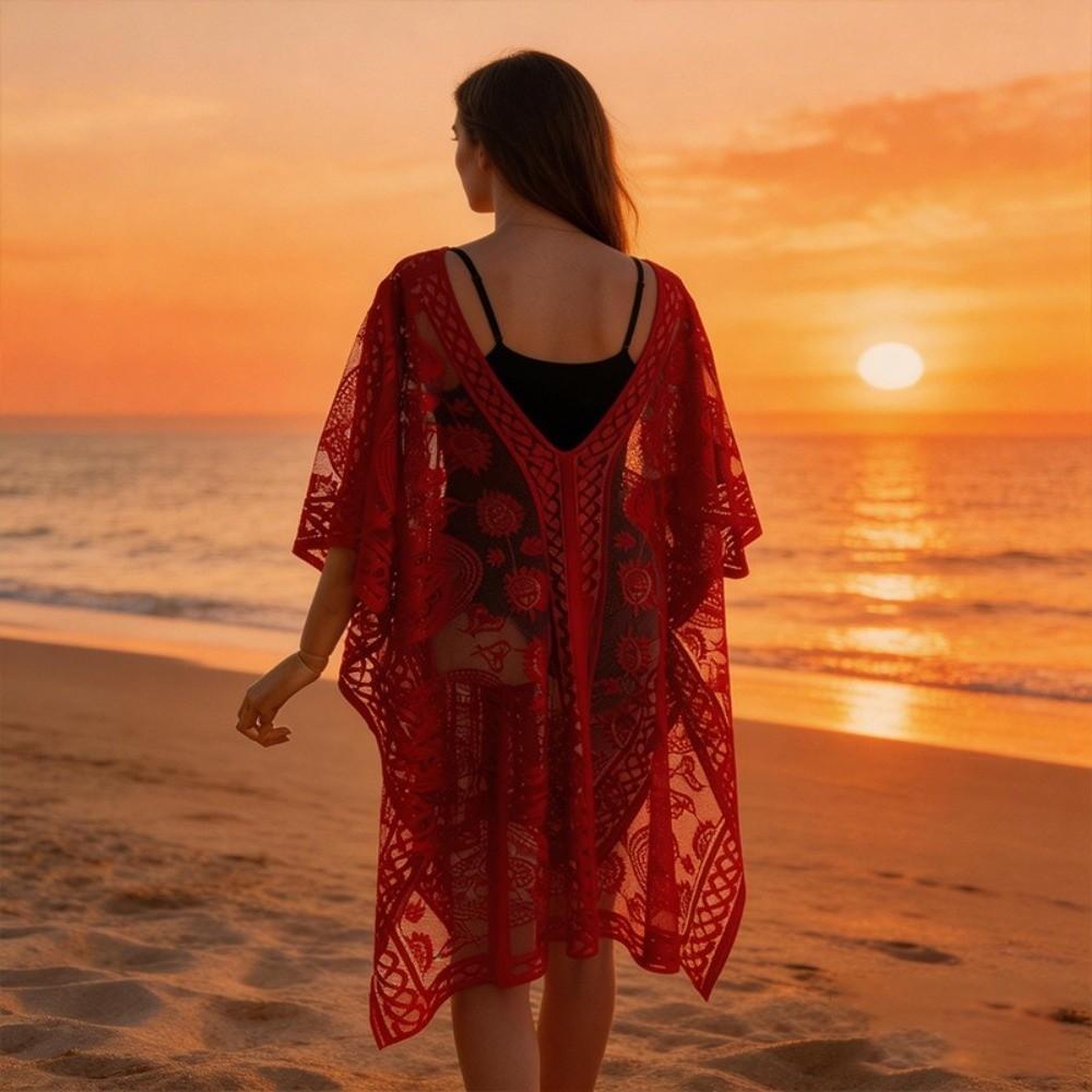 Plus Size Sunscreen Beach Cover Up Lace Mesh Sun-Protective Top Fashion Bohemian Shawl Lady