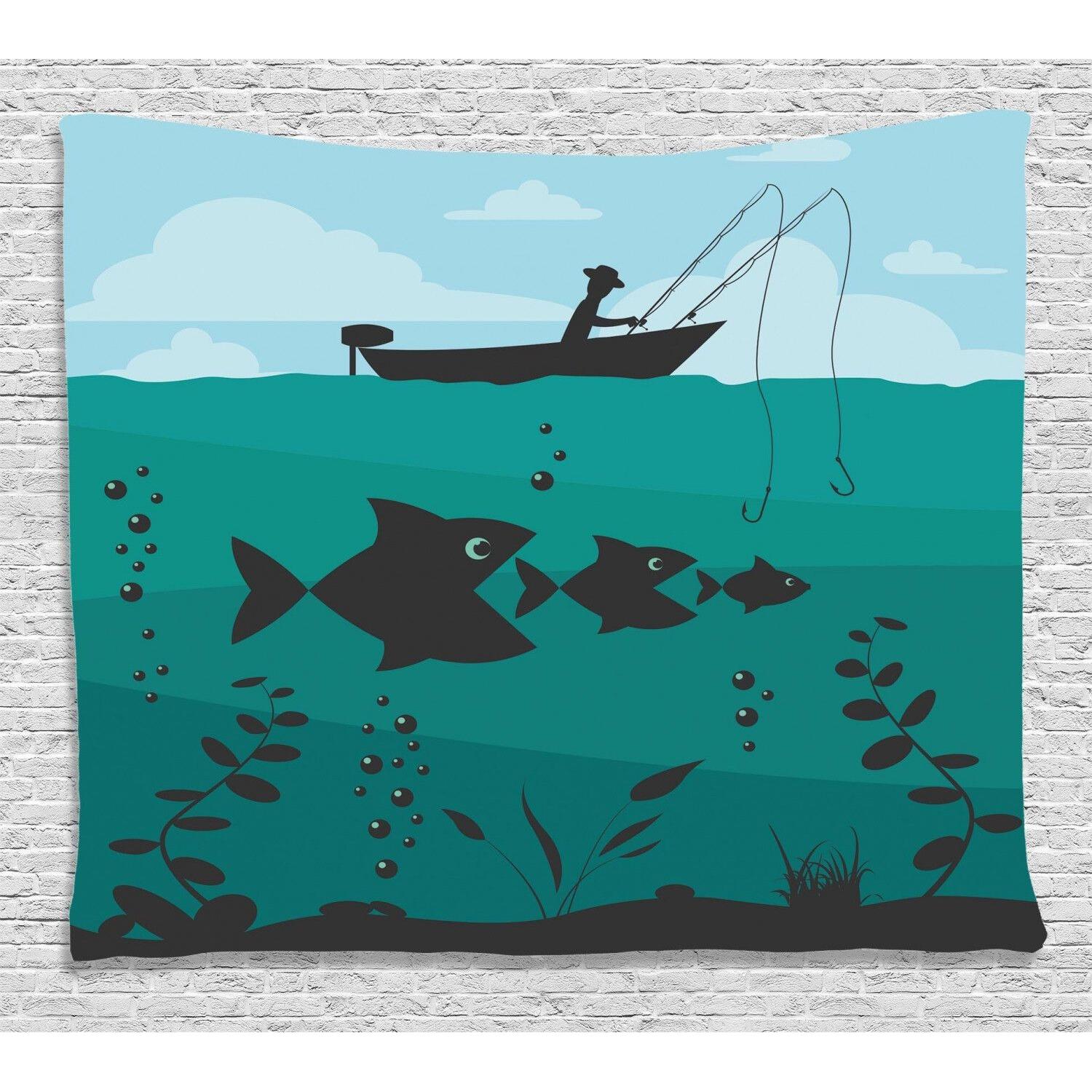 Tapestry teal fishing on a boat sea 75x100 чёрный