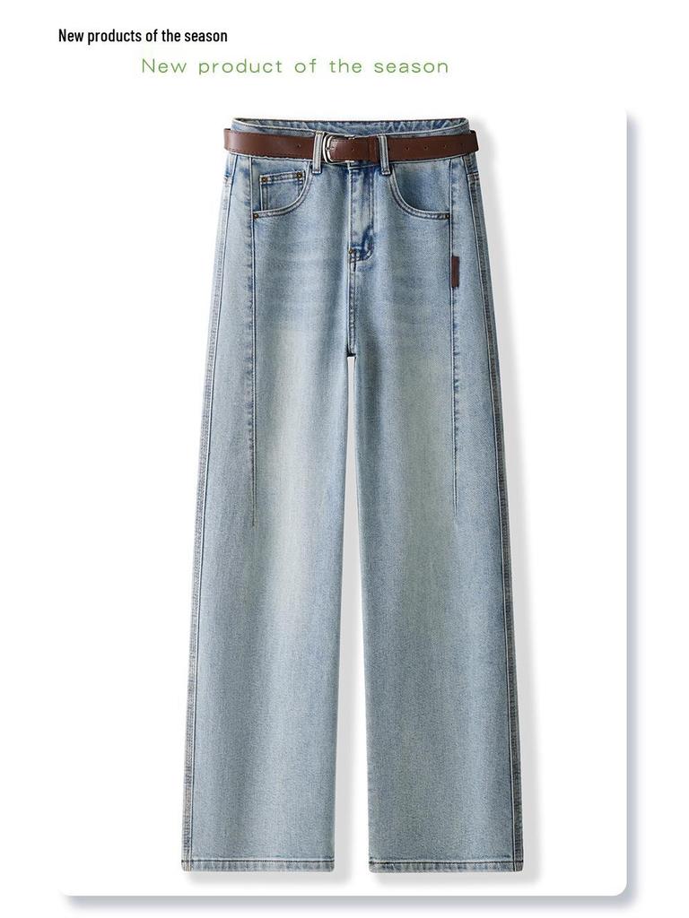 Women's High-Waisted Light Blue Jeans, 2025 Spring/Autumn, Slimming Straight-Leg, Wide-Leg, Floor-Length Trousers