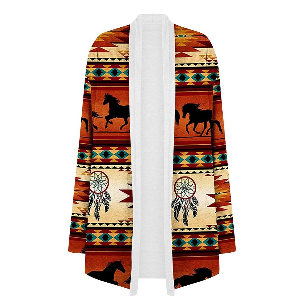 Women's Fashion Casual Nationality Print Medium Length Cardigan Jacket Coat