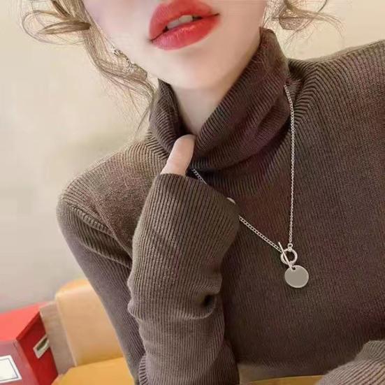 Women Sweater Turtleneck Long Sleeve Solid Color Bottom Tops High Elasticity Regular Fit Knitting Tops Knitwear