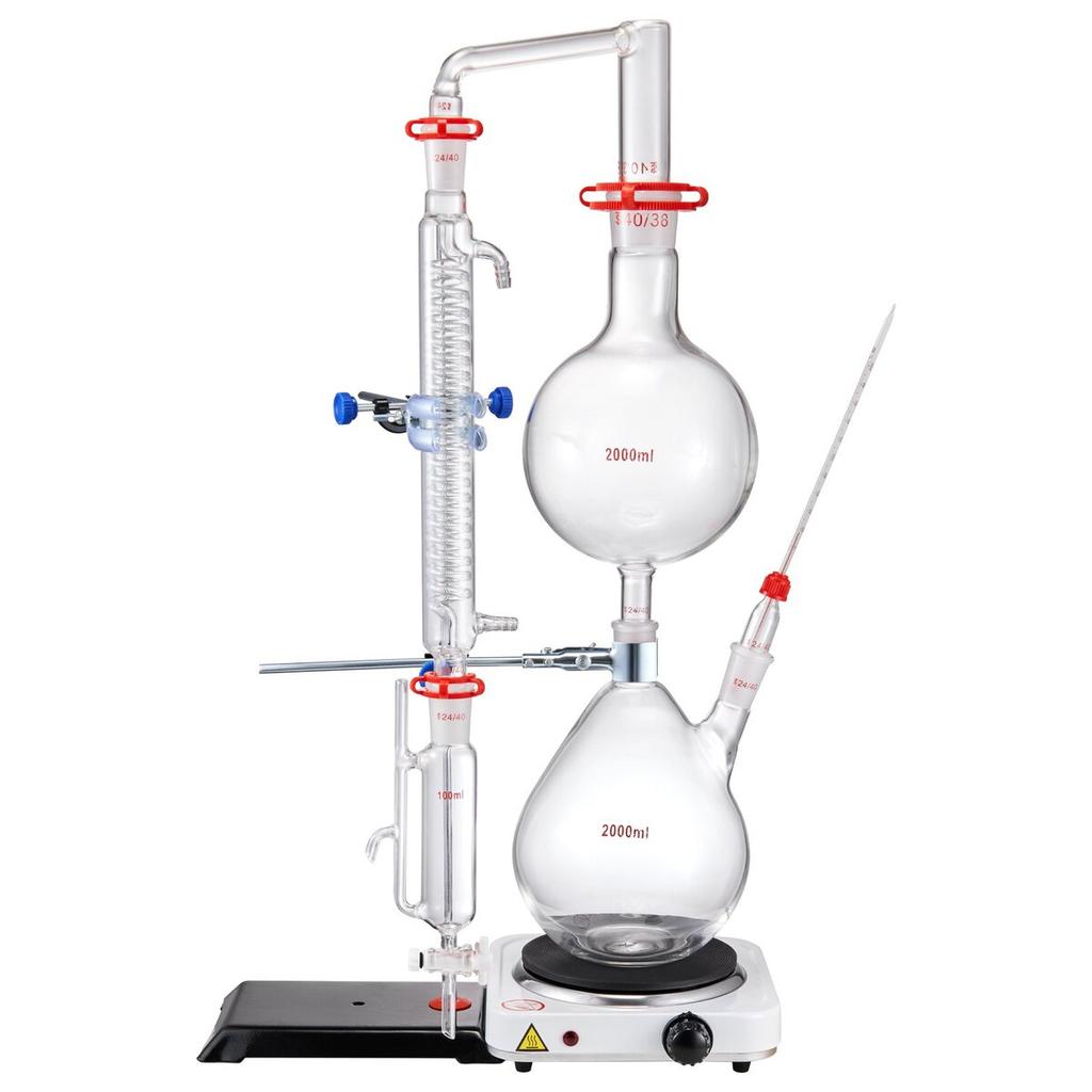 Essential Oil Distillation Kit, 2000ml Distillation Apparatus, 3.3 Boro Lab Glassware Distillation Kit with 1000W Heating Plate and 24, 40 Joint, 28