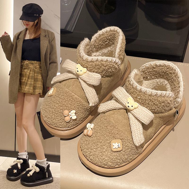Warme Kanten neue Schneestiefel, um im Winter warm zu halten, niedlicher Bär mit Schleife, High-Top-EVA-verdickte Baumwollschuhe