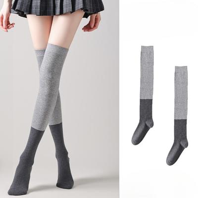 Women's Thigh-high Socks for Autumn and Winter, Black and Gray Patchwork Calf Socks Paired with Loafers and Knee-high Socks