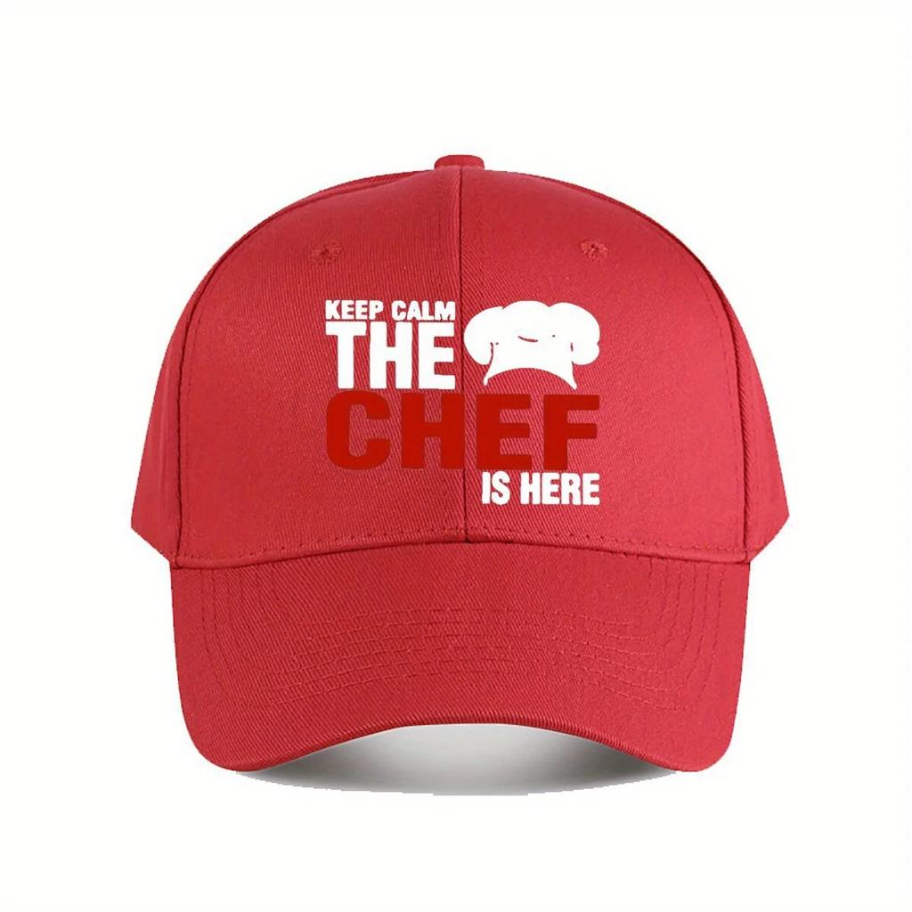 Keep Calm The Chef Is Here Funny Baseball Cap Adjustable Snapback Hat for Unisex Women Navy Blue with White Text