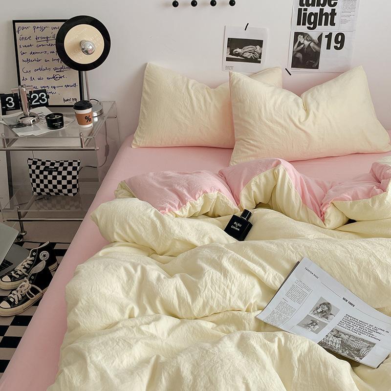 Bed Sheet Quilt Cover Nude Sleeping Pure Cotton Four-piece Set Washed Cotton Soft Bed Sheet Quilt Cover Solid Color Bedding