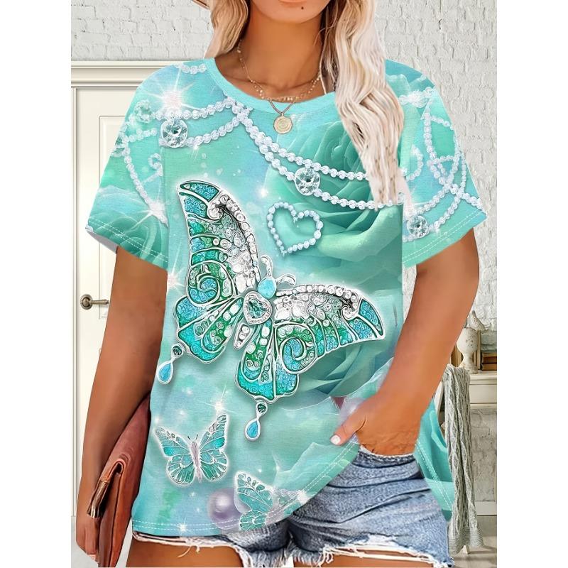 Butterfly and Flower Multicolor Print, Women's Plus Size T-shirt