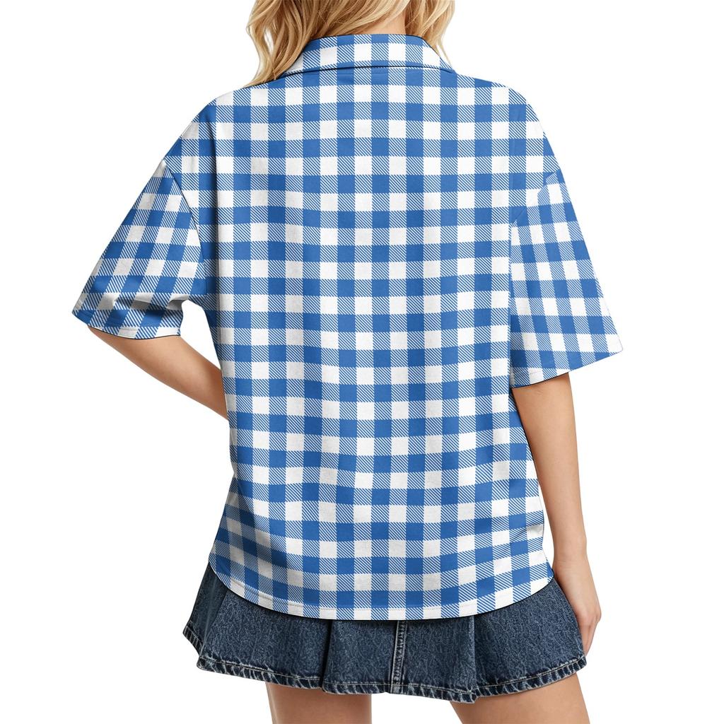 Women Casual Polo Shirt Loose Fit Short Sleeve Button Down Collar Checkered Pattern Lightweight Top for Daily Wear