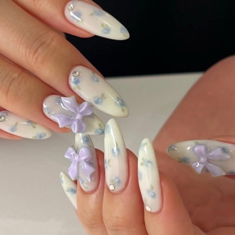 24Pcs Blush Pink Almond Press On Nails With 3D Bowknots Glossy Full Cover False Nail Tips Sweet For Women Girls