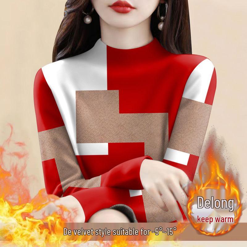 Women's Plus Size Fleece Lined Semi-High Neck Long Sleeve T-Shirt