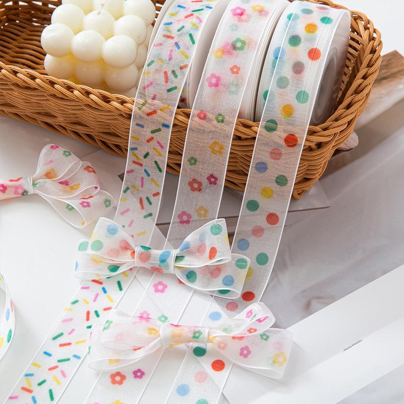 25Y Craft Bow 2.5cm Colorful Dot Beautiful Clear Yarn Ribbons DIY Gift Wrapping Supplies Lightweight Organza Ribbon