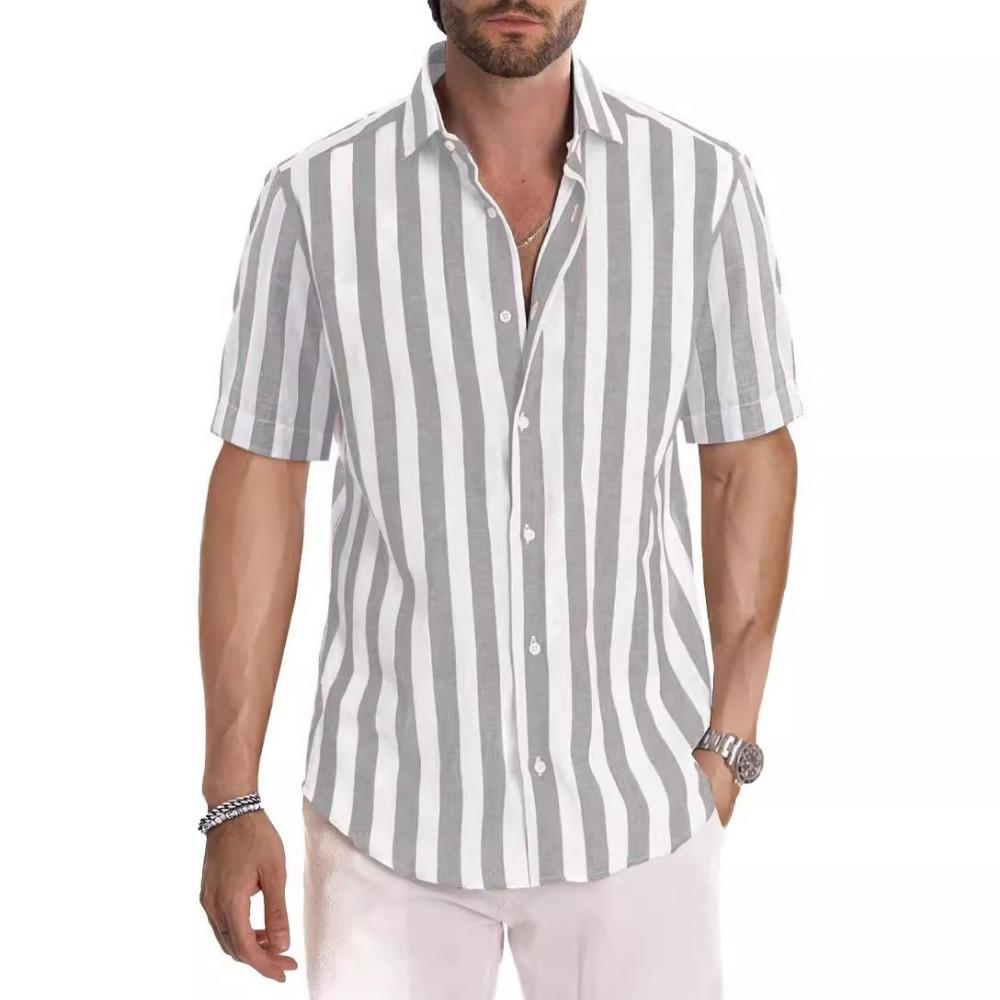 Summer Men's Casual Sports Striped Short Sleeved Lapel Shirt