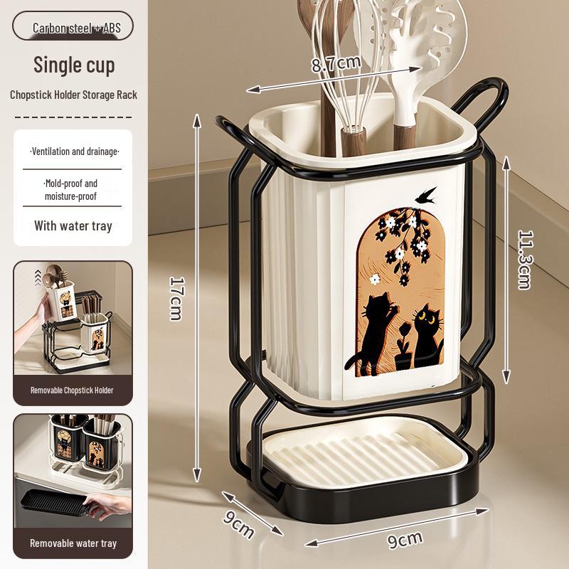 Wall-Mounted No-Drill Kitchen Chopstick and Utensil Holder with Drainage. With Water Tray/Drainable