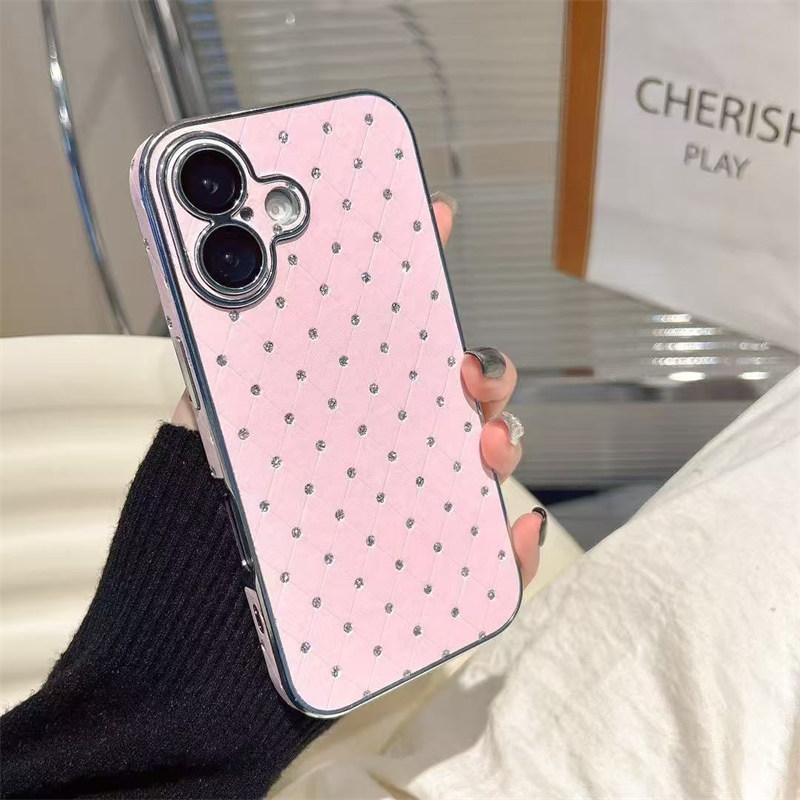 

Роскошный кожаный чехол с гальваническим покрытием и бриллиантами для iPhone 16 Pro Max 15 14 Plus 13 12 Pro 11, все включено, устойчивый к падениям чехол iPhone 16 Pro Max розовый