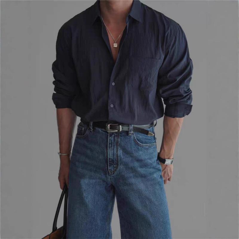 

Men s Oversized Textured White Long Sleeve Shirt - Casual Turn Down Collar Button Down with Chest Pocket M темно-синього кольору