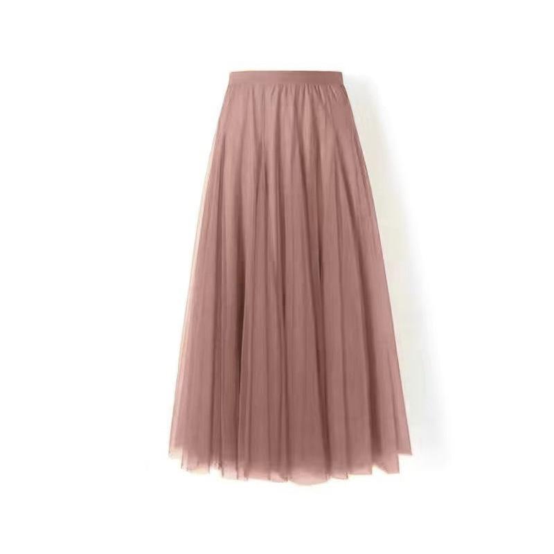1PC Skirt Many Colors With Lining Solid Color Mesh Tulle Summer A-line Midi Skirt Women Spring High Waisted