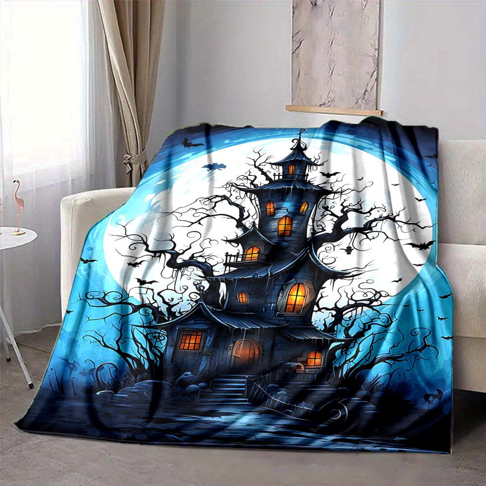 1pc Halloween Haunted House Moonlit Night Blanket, Lightweight Flannel Throw Blanket For Sofa, Bed, Travel151