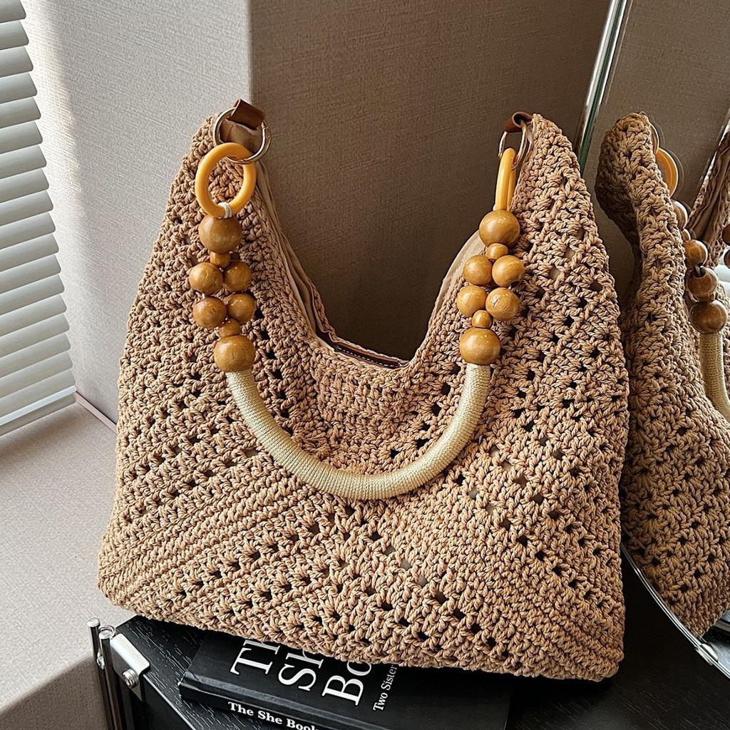 Stricktasche mit großer Kapazität Damen Sommer Neue Holzperlen Gewebte Umhängetasche Wolle Häkel-Einkaufstasche