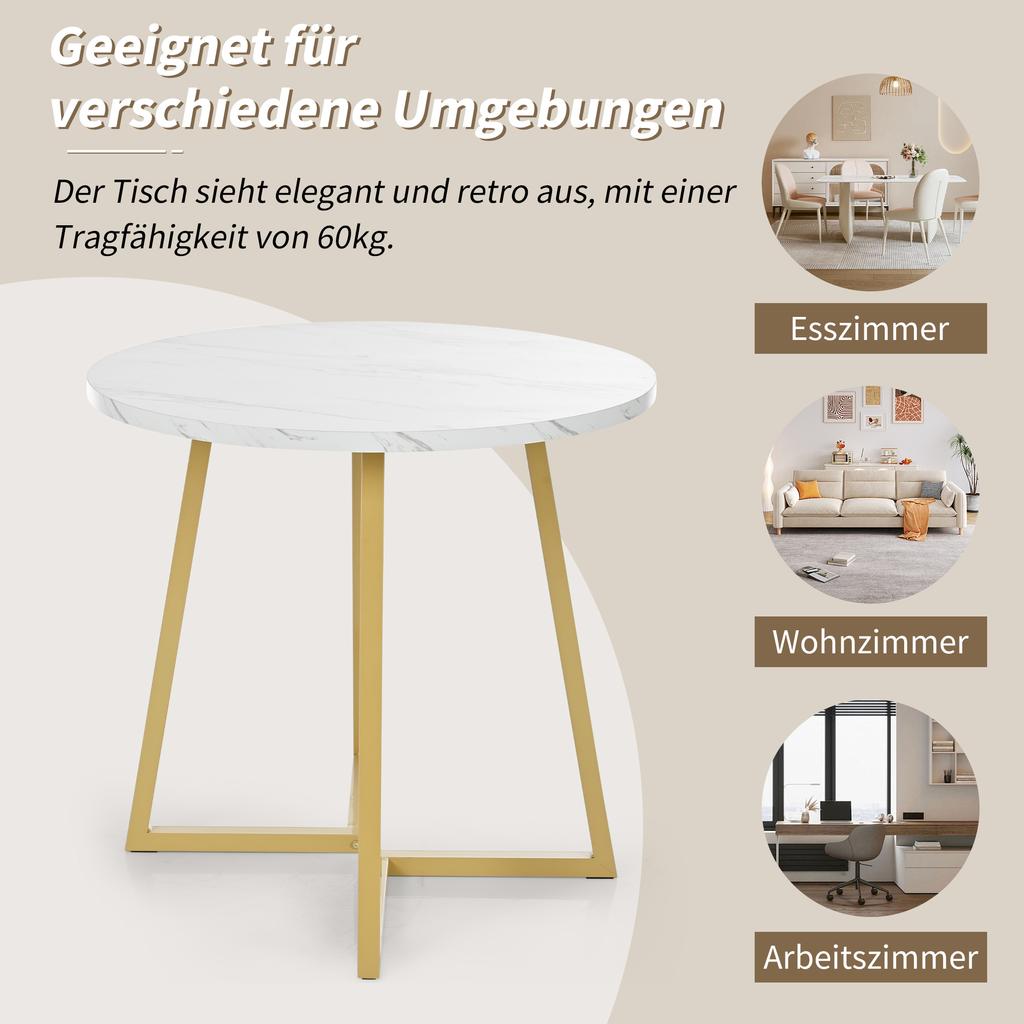 Round Dining Table (1 Piece), Unique Metal Frame, Dining Table with Modern Marble Pattern, Suitable for Dining Room, Living Room, White/Gold