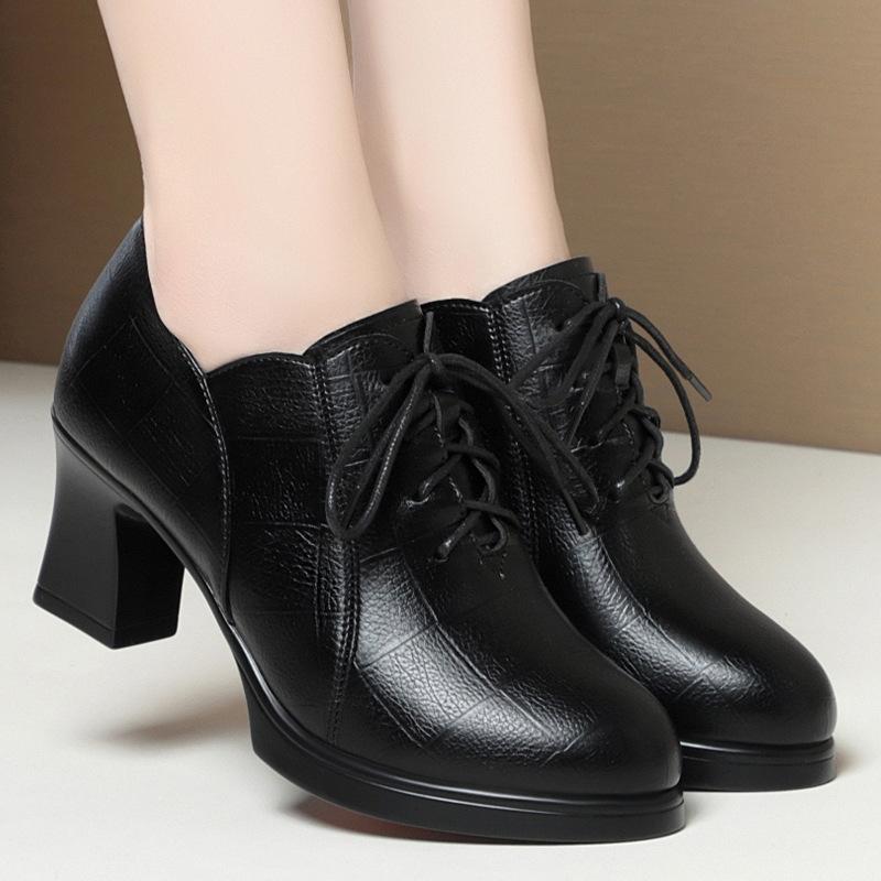 Lace-up Leather Shoes, Chunky Heeled High Heels, Soft Leather Women's Shoes, Lightweight Pointed Toe Deep-cut Leather Shoes