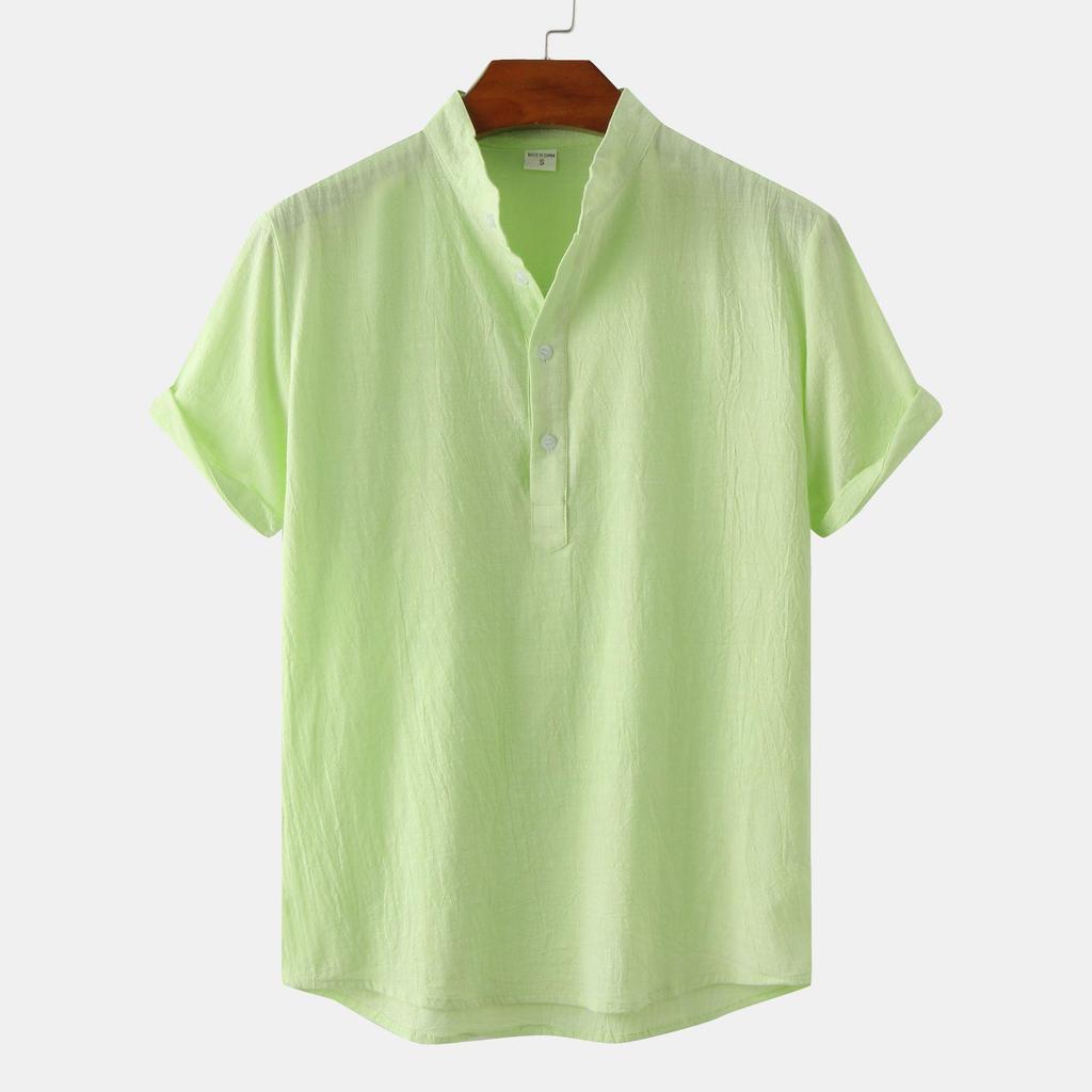 Summer 2024 Bestseller: Men's Solid Color Cotton Linen Stand Collar Short Sleeve Shirt - European & American Style