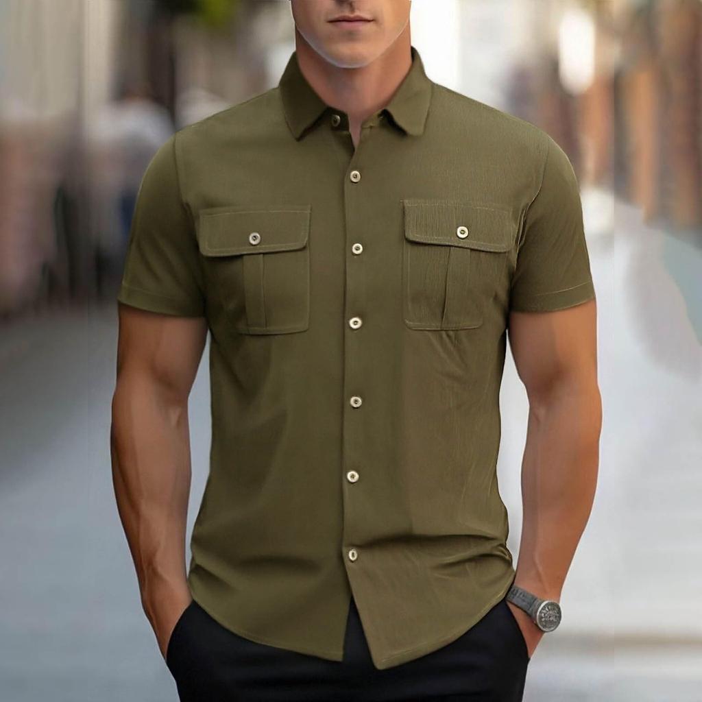 Men Short Sleeve Button Down Shirt with Dual Chest Pockets Classic Collar Casual Regular Fit Top for Everyday Wear