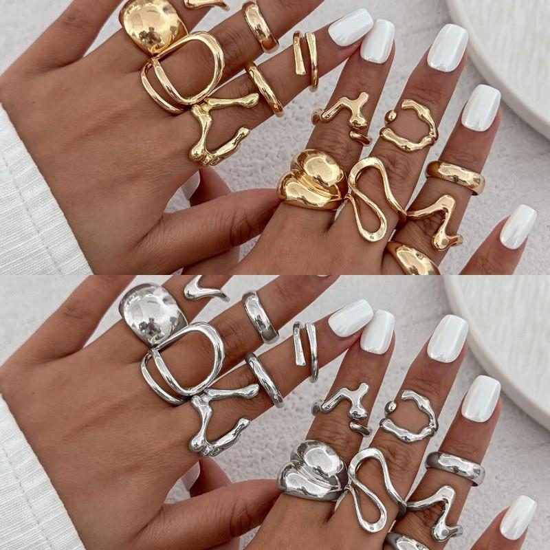 1Set Irregular Glossy Metal Open Rings For Women Vintage Punk Gold Silver Color Personality Finger Ring Female Jewelry