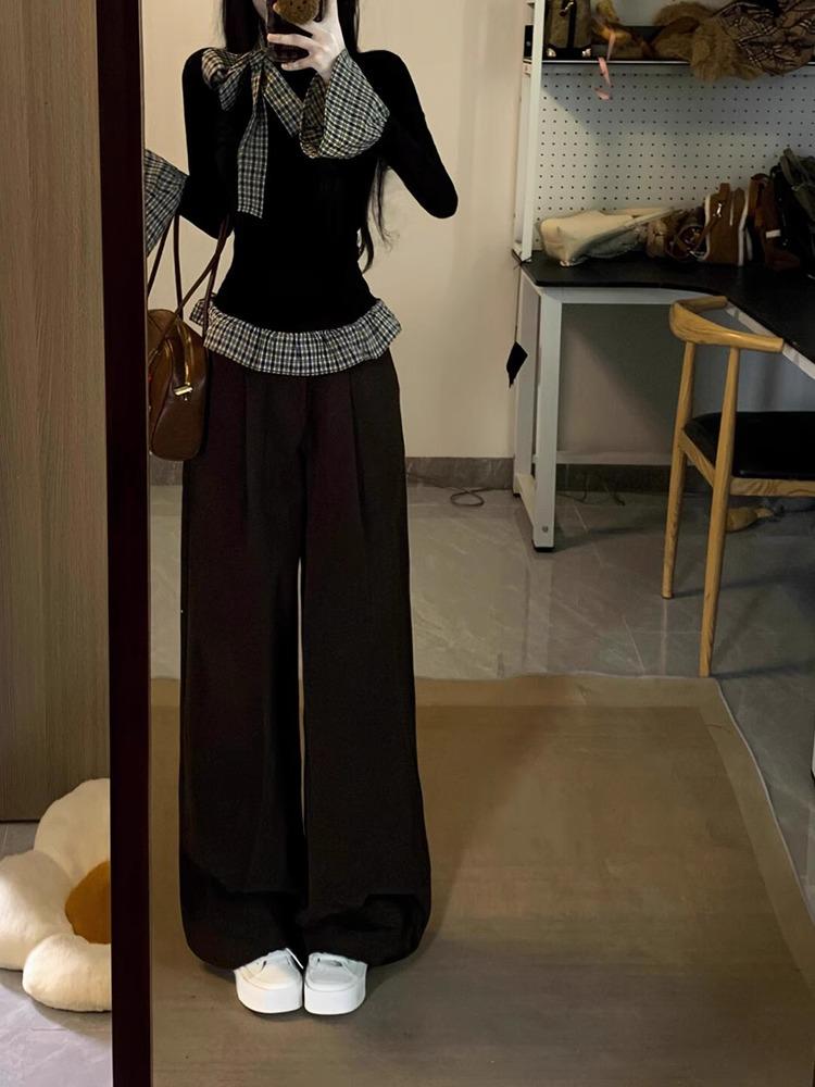 Plaid Bow Two-Piece Layered Women's Long Sleeve Slim Fit Top for All Seasons